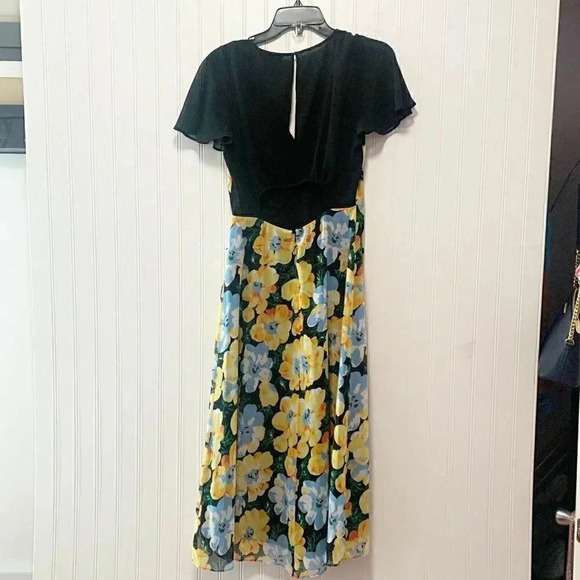 Club Monaco Size 4 Black Yellow Coran Floral Flutter-Sleeve Midi Dress NEW! - Picture 11 of 11
